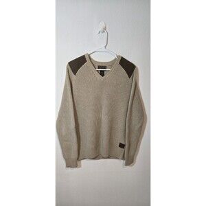 Lucky Brand Mens M V-Neck Ribbed Cotton Sweater Tan Brown Shoulder Patches Y2K